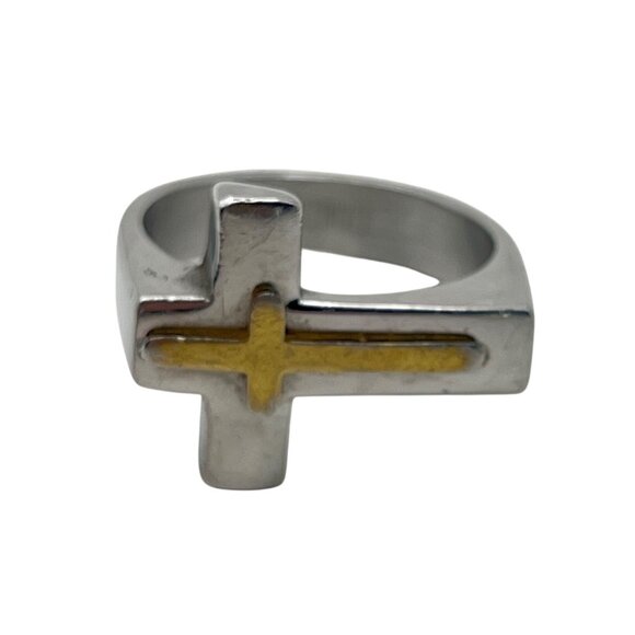 Other - Unisex Stainless Steel Cross Ring Gold-Tone Accent Sz 10 Horizontal